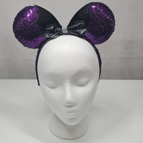 Disney Halloween Minnie Mouse Ears Purple Headband Sequins and Rhinestones - Picture 2 of 8